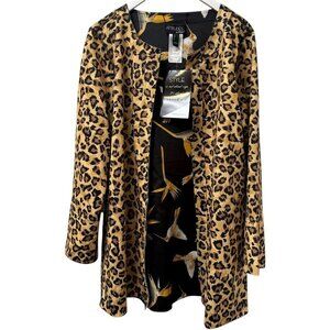Attitudes zRenee Leopard Jacket Medium Reversible Bird Print Stretch Duster NWT